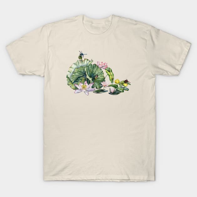 Japanese Water Lillies and Lotus Flowers T-Shirt by Goosi